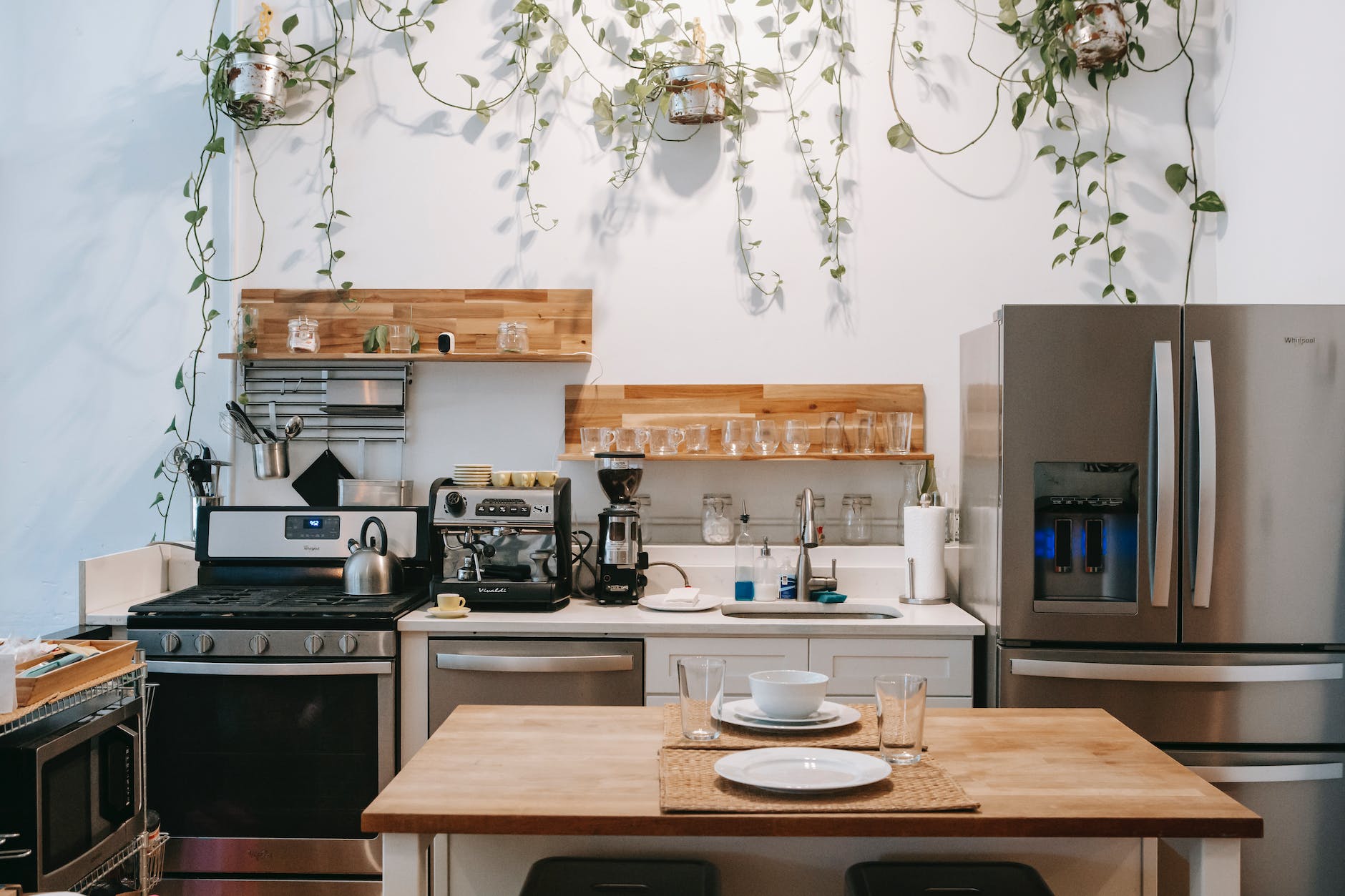 interior of modern kitchen with dining table