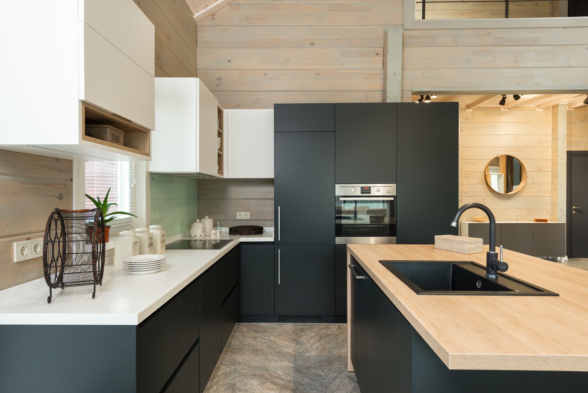 modern kitchen with matte cupboards and built in appliances